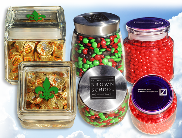 variety of custom-imprinted candy-filled glass jars